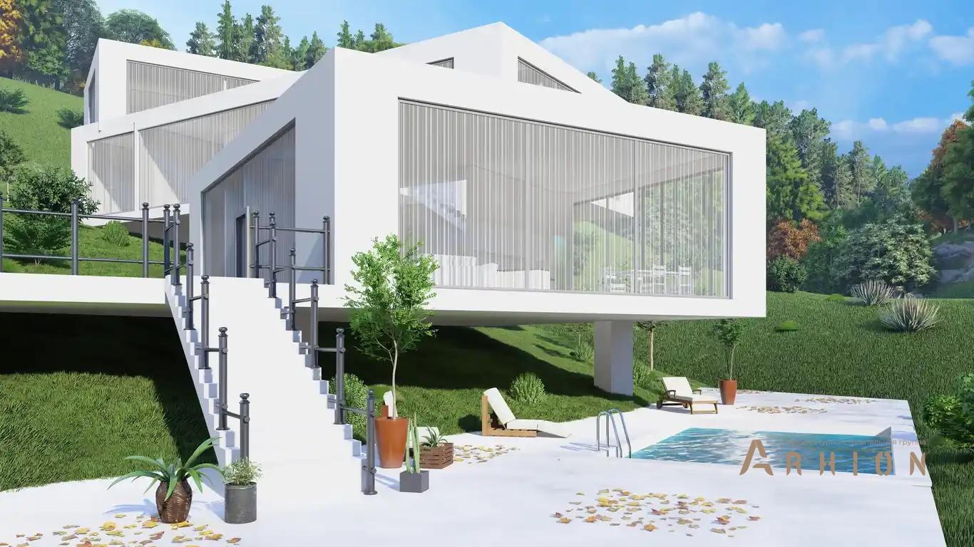 3. Проект трехэтажного дома в стиле хай-тек с плоской кровлей , h-1609, площадью - 750 кв c терассой